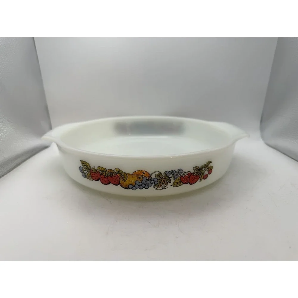 Vintage Fire-King Fruit Harvest Milk Glass Round Baking Dish #429 9